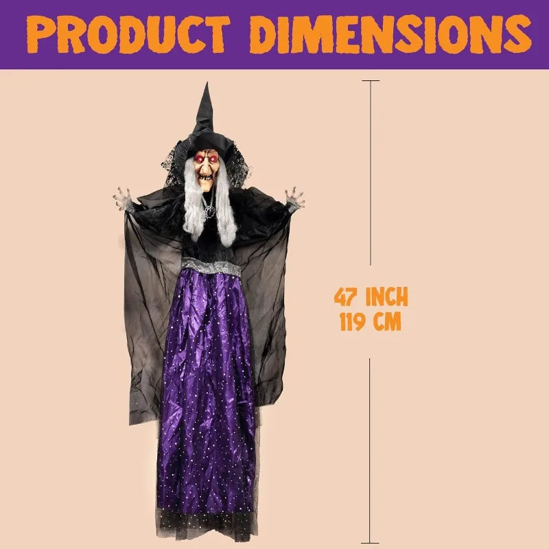 47'' Animated Witch Halloween Decorations Outdoor Indoor Scary Halloween Animatronics Decor, Hanging Ghost Talking Sound Activated Led Lights Eyes Haunted House Yard Garden Lawn
