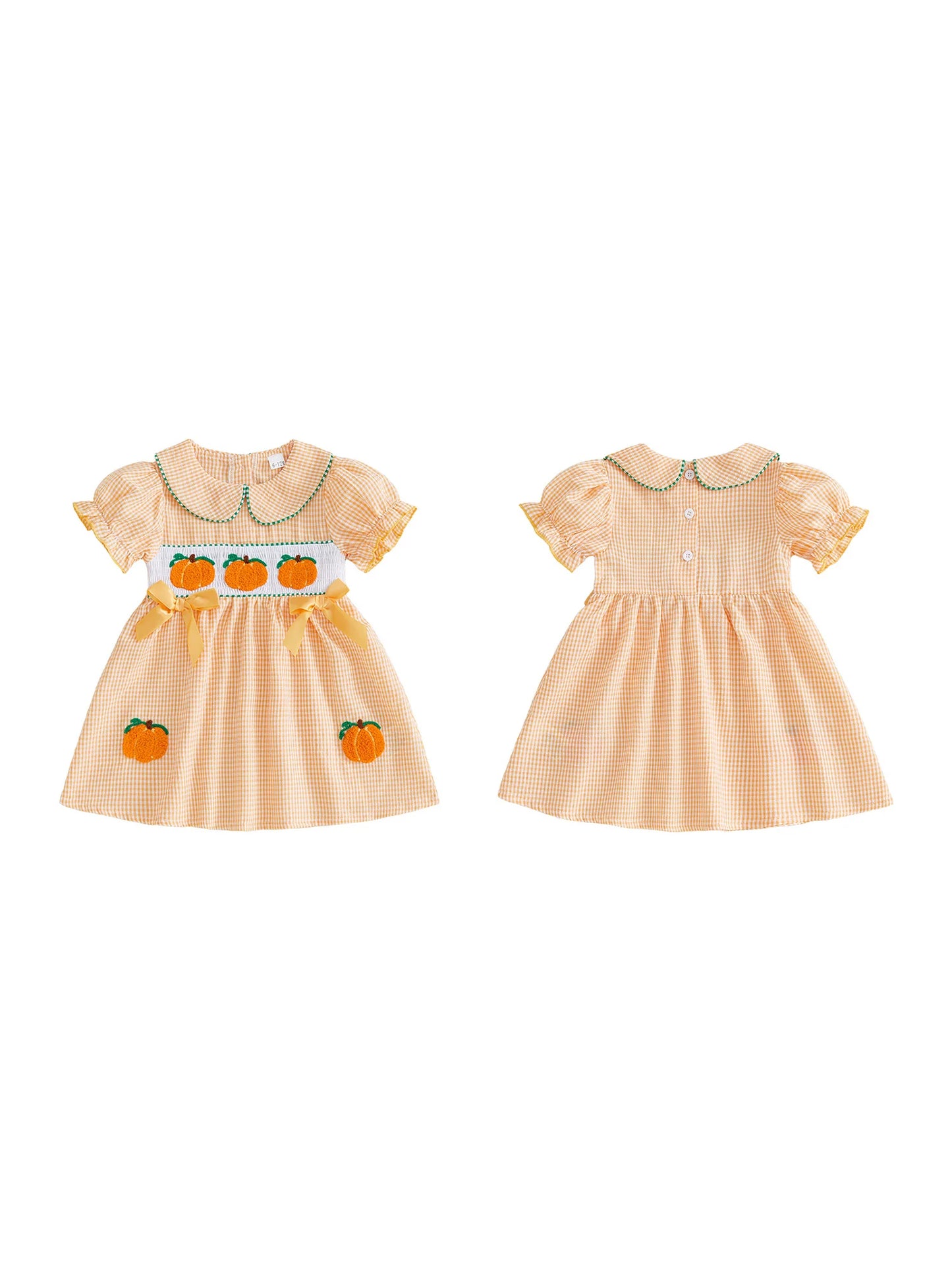 Baby Girls Halloween Costume Pumpkin Embroidered Doll Collar Short Sleeve Dress Toddler Plaid Dress with Bow