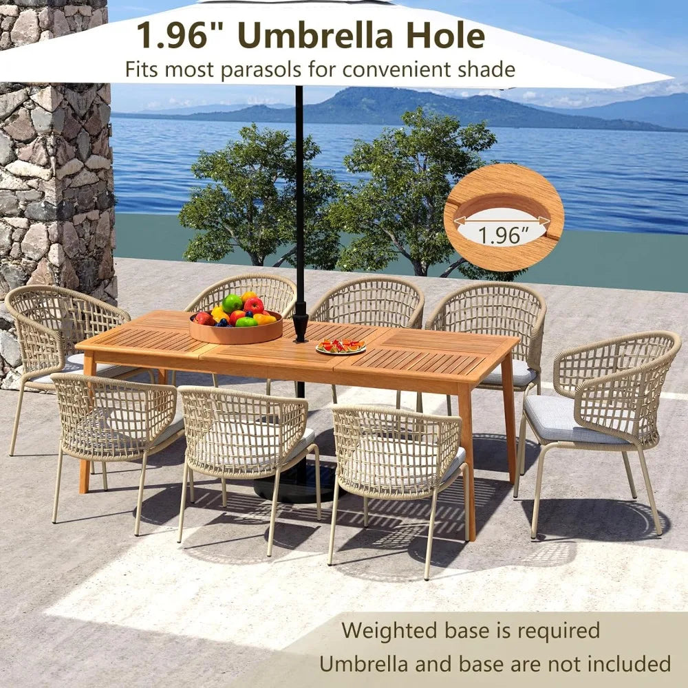 Wooden Outdoor Dining Table for 8, 79 x 35 Rectangular Acacia Wood Slatted Patio Table w/Umbrella Hole, Outdoor Bistro Table