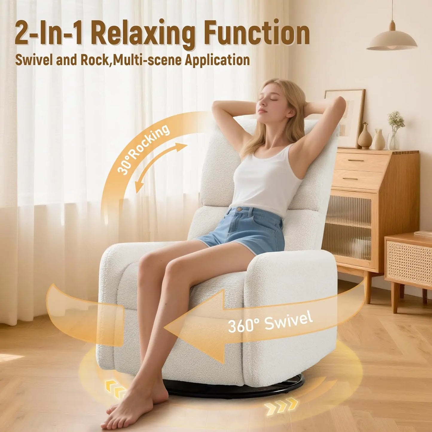 360° Rocking Nursery Glider Chair with Side Pockets Steel Base Small Space Swivel Accent Living Room Sherpa, Customized