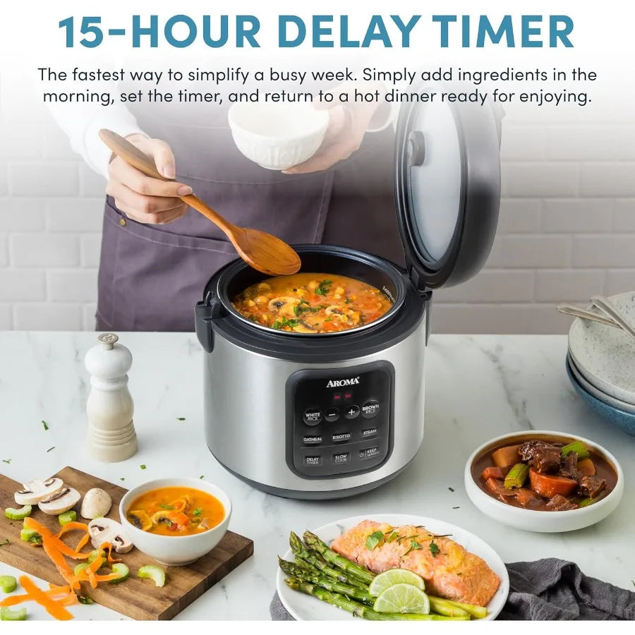 Digital Rice Cooker with 4-Cup Uncooked / 8-Cup (Cooked) Capacity Integrated Steamer Multicooker Functionality Slow Cooking Opt