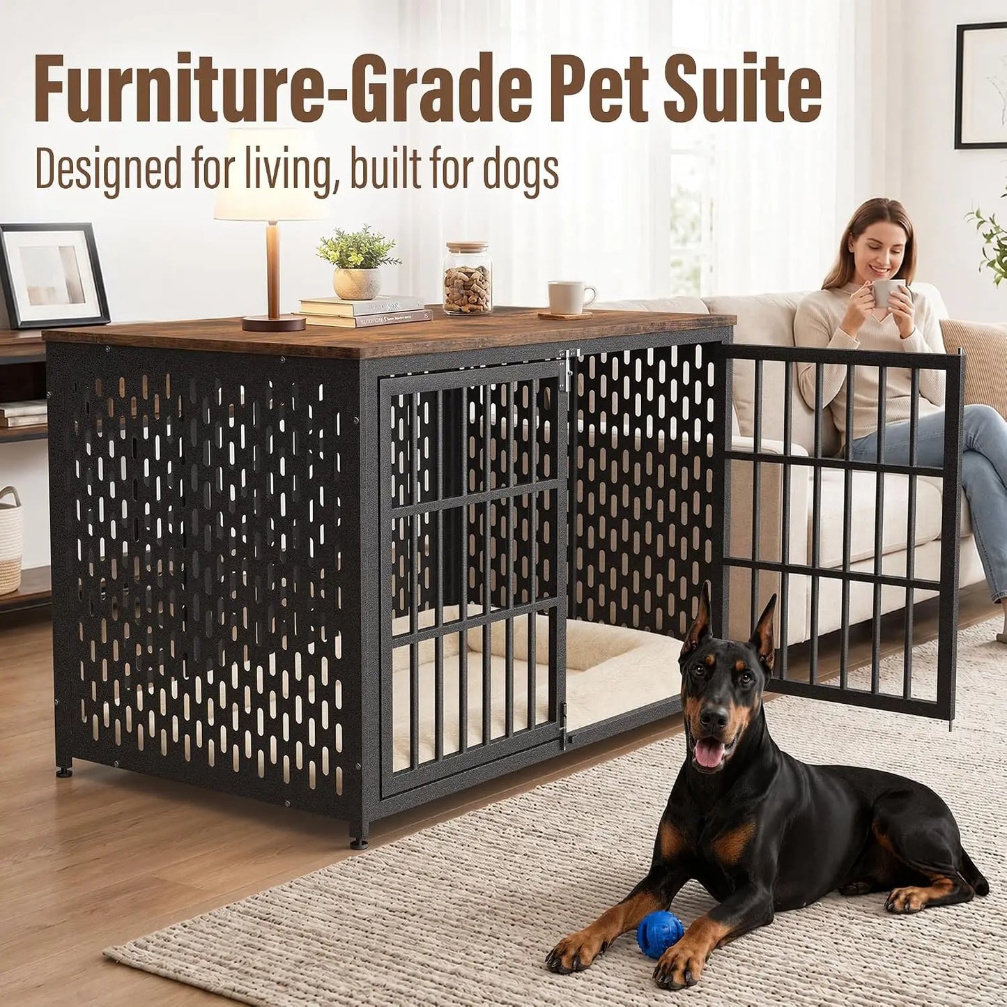 Heavy Duty Dog Crate Furniture 48In, Indestructible Cage for High Anxiety Dogs with Wooden Table for Indoor, Customized