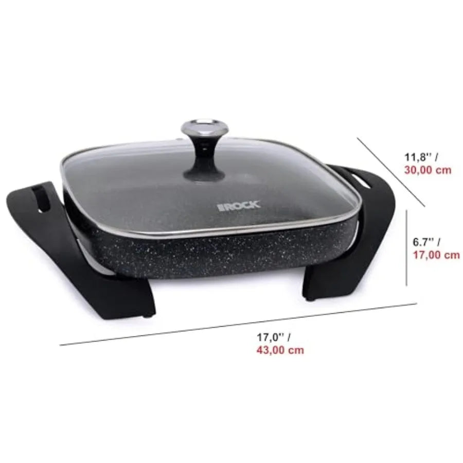The Rock Electric Skillet - 12" x 12" - Rock.Tec Non-Stick Cooking Surface - Tempered Glass Lid - 1200W