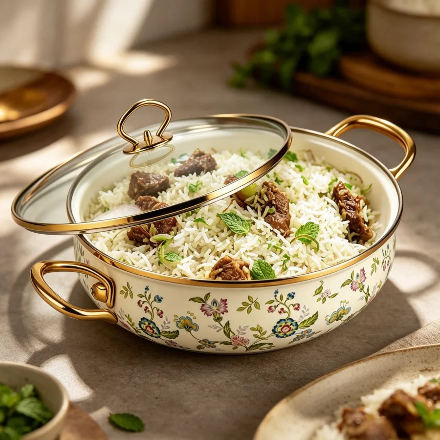 5.5Qt Enamel Stock Pot with Glass Lid – Vintage Bird & Botanical Print Nonstick Soup Pot, Dual Handles, Oven Safe, Fast Heating for All Stovetops, Gift for Wedding/Christmas, 9 Inch