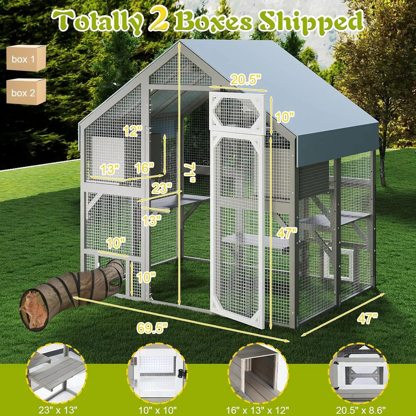 71" H Catio Outdoor Cat Enclosure for Multiple Cats Large Wooden Walk in Cats House Outside Weatherproof Roof,Attached to