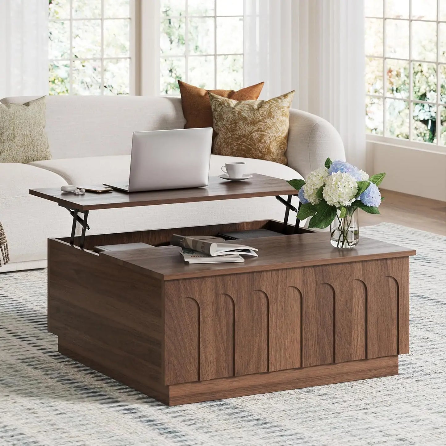 Lift Top Coffee Table with Storage, Mid Century Modern Coffee Table with Arched Design, 31.5" Square Tea Table with, Customized