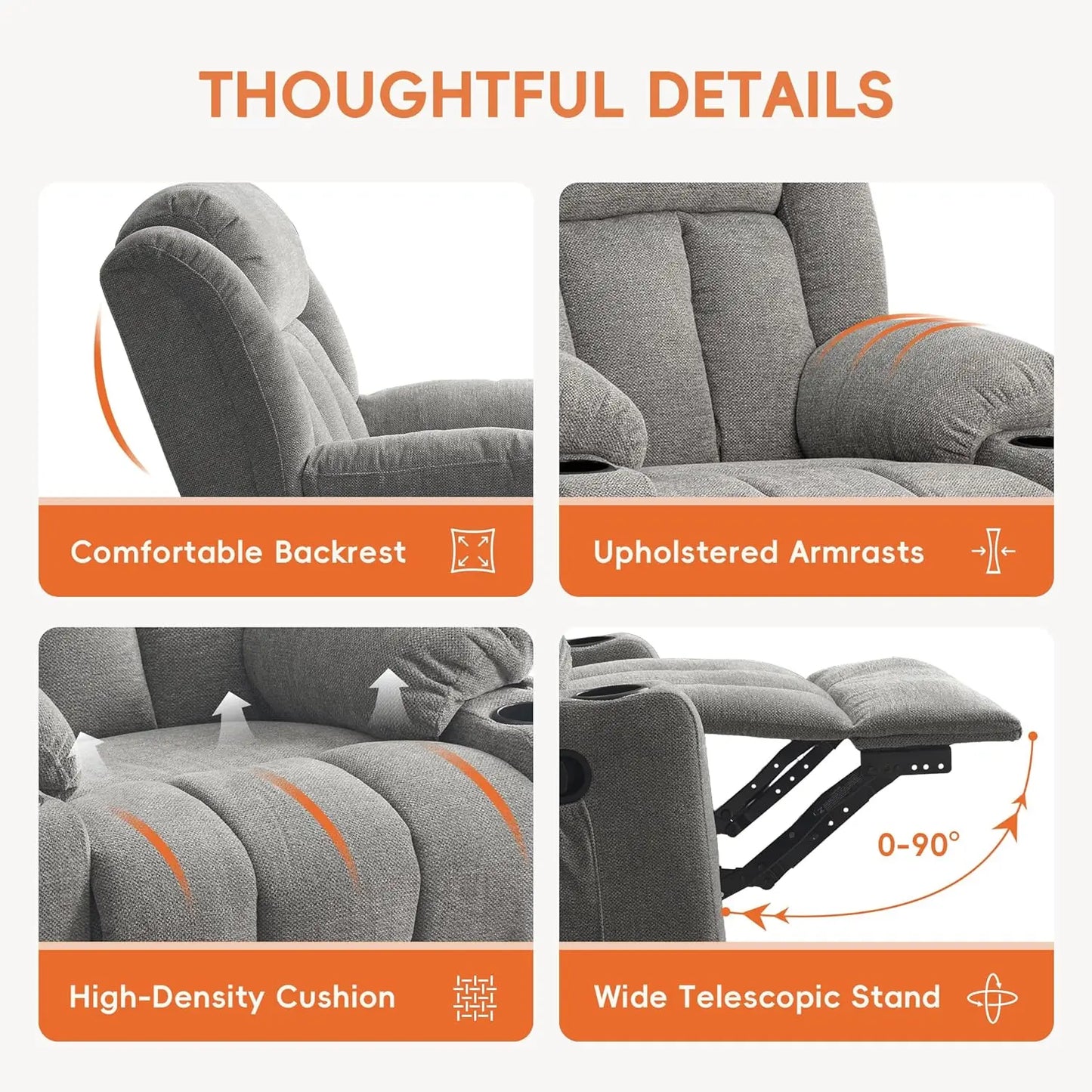 Overstuffed Rocker Recliner with Massage & Heat, Soft Fabric Glider for Living Room, Manual Swivel, Large Adult, Custom