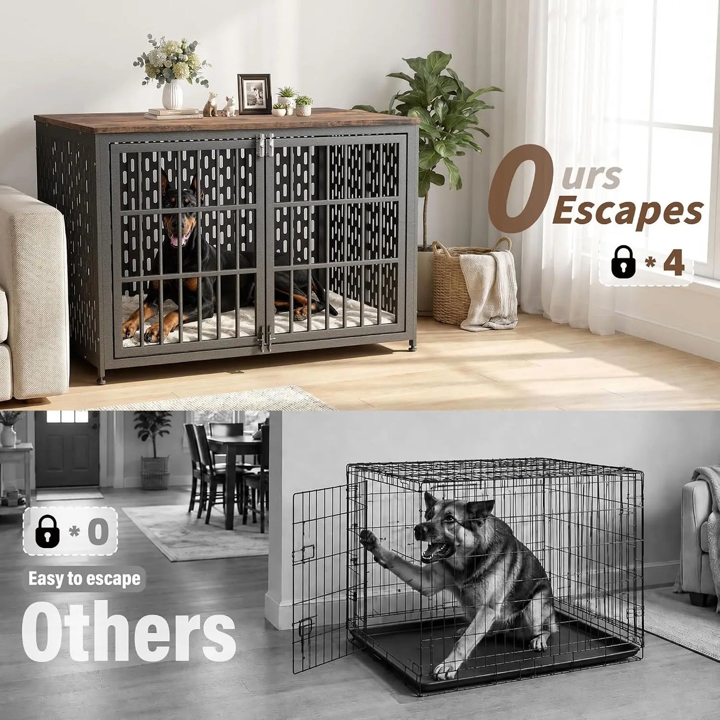 Heavy Duty Dog Crate Furniture 48In, Indestructible Cage for High Anxiety Dogs with Wooden Table for Indoor, Customized