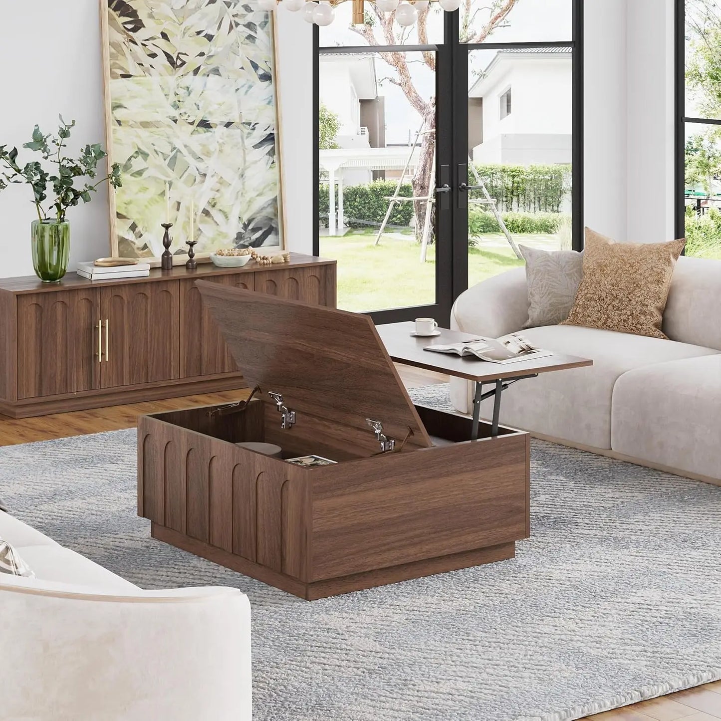 Lift Top Coffee Table with Storage, Mid Century Modern Coffee Table with Arched Design, 31.5" Square Tea Table with, Customized
