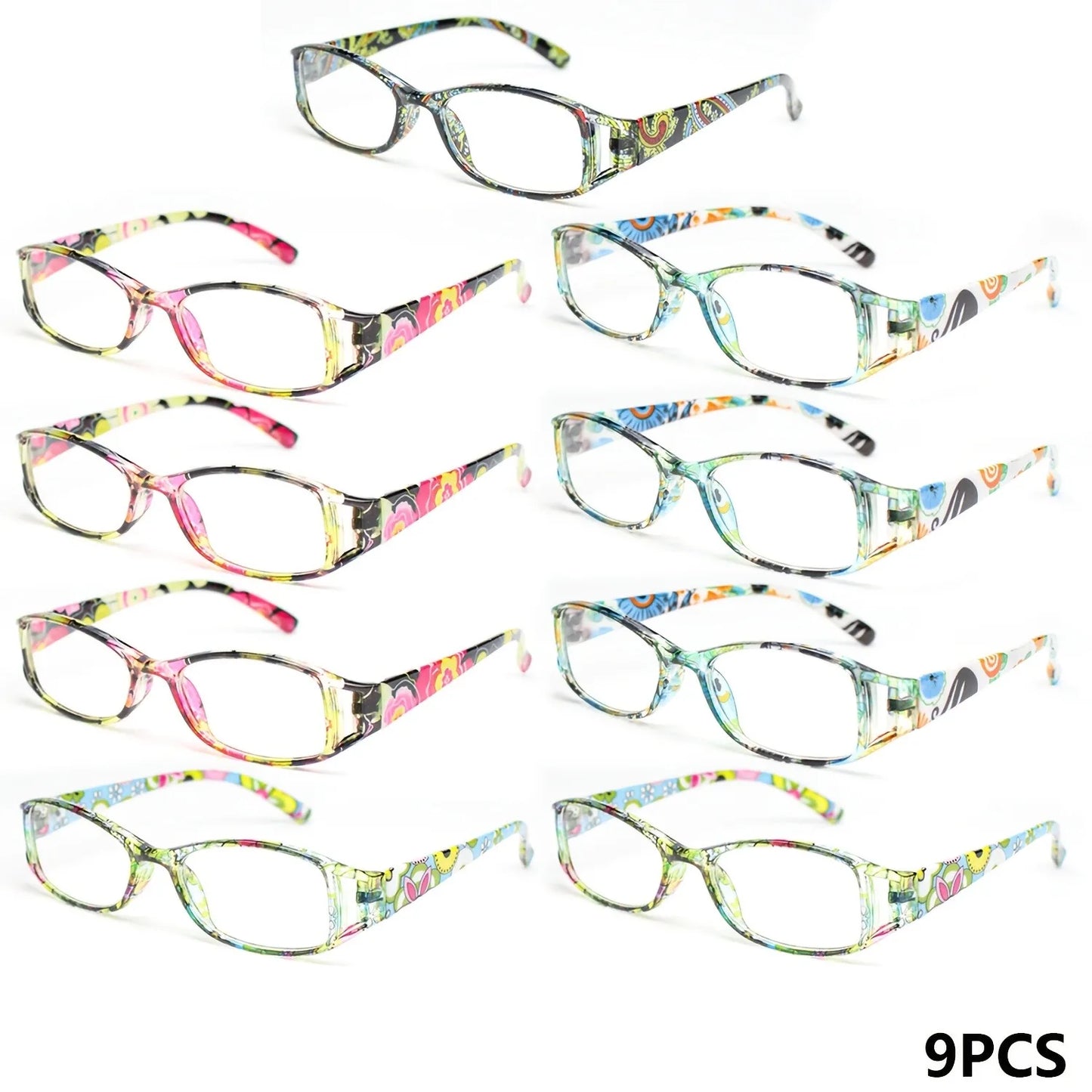 9-Pack Fashion Floral Glasses With Classic Color Square Frame Hollow Design, Unisex Glasses Comfortable Wide Temple Trendy Multi-Pack Glasses