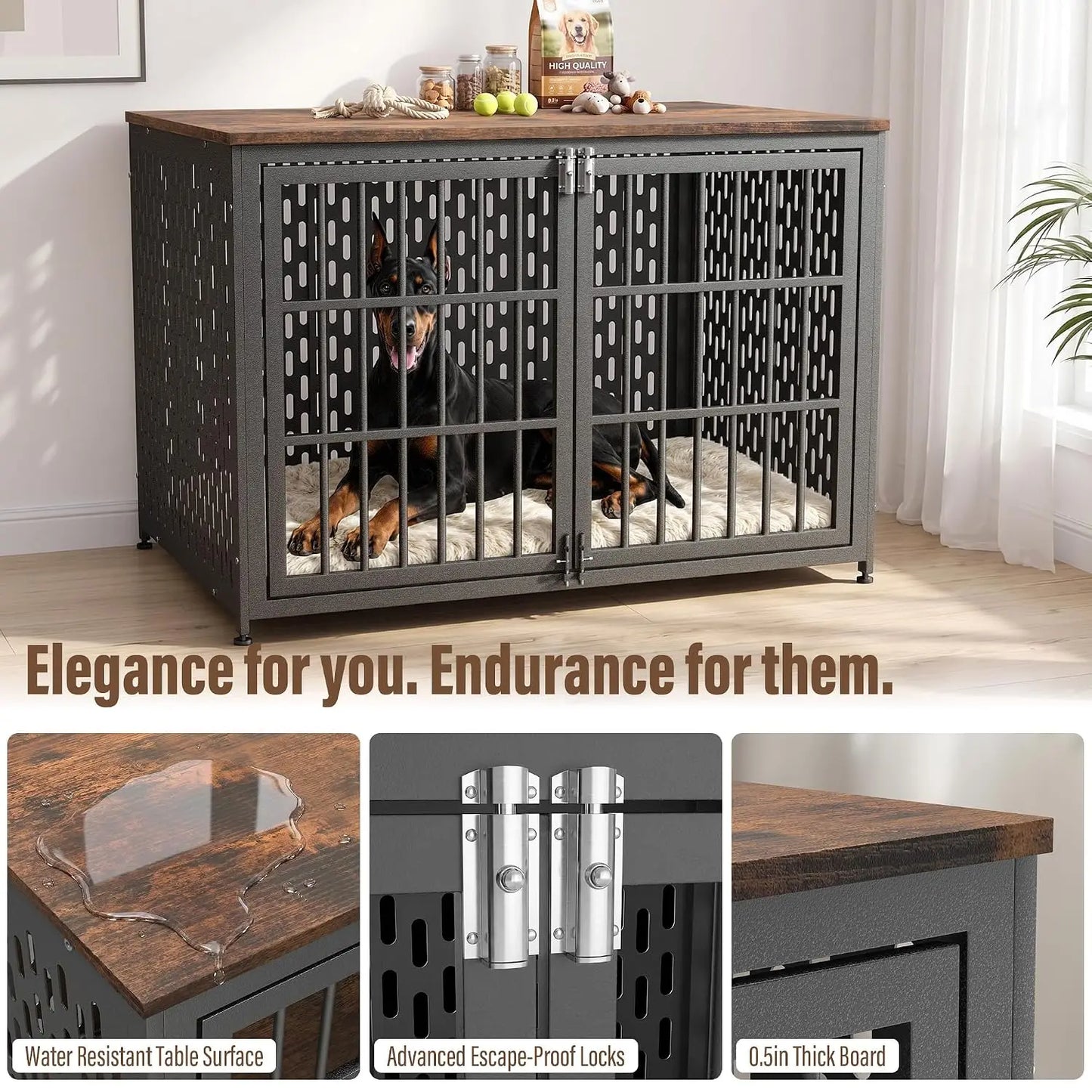 Heavy Duty Dog Crate Furniture 48In, Indestructible Cage for High Anxiety Dogs with Wooden Table for Indoor, Customized