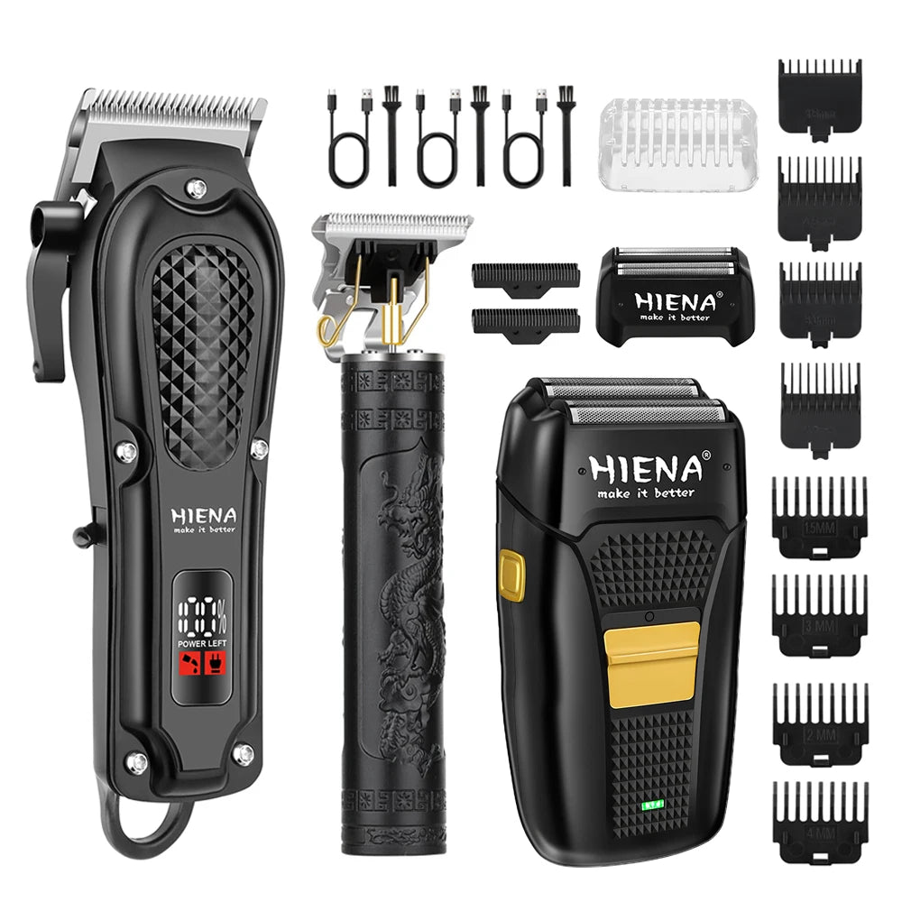 HIENA PRO 3-Piece Grooming Kit Professional Trimmer Rechargeable via USB for Men—Father's Day Gift Cordless Hair Clipper Set