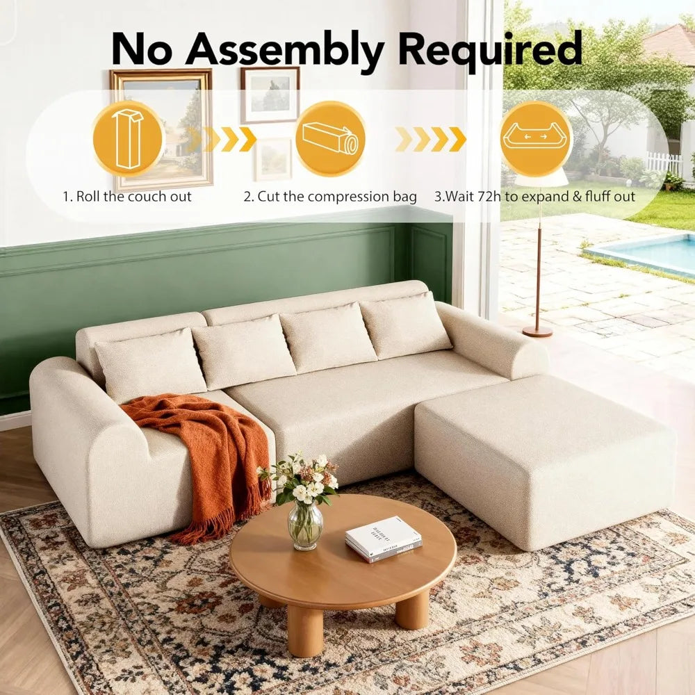 stockout！！Cloud Boneless Sectional Sofa for Living Room, 4-Seater L-Shaped Comfy Couch with Ottoman, 4 Pillows, Deep, Customized