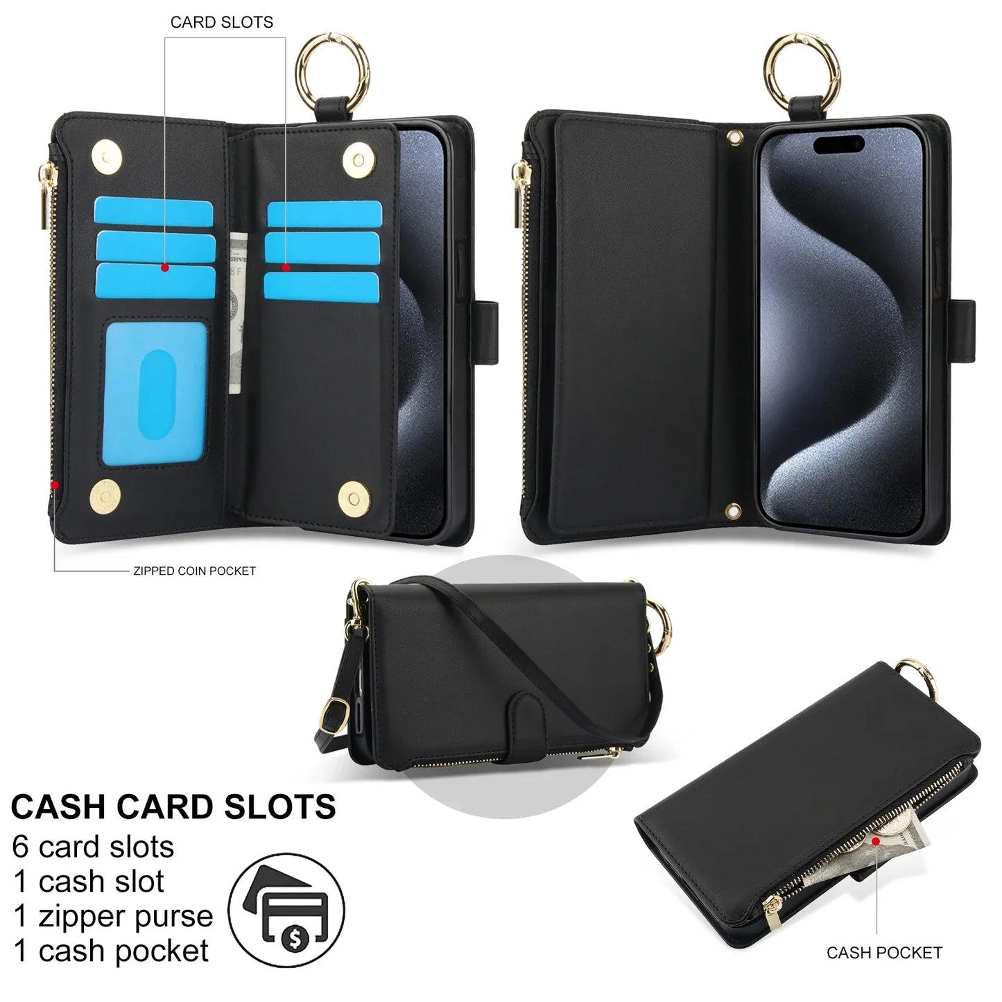 Card Slots Zipper Leather Wallet Case Flip Phone Case for IPhone 17 Air 16 15 14 13 12 11 Pro Max Plus Promax Ring Lanyard Purse