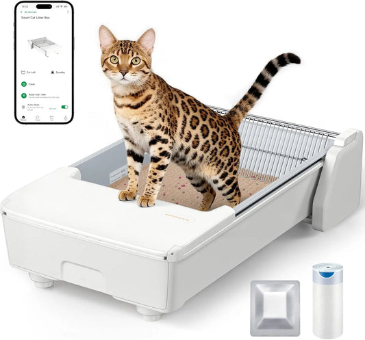 Automatic Litter Box, Self Cleaning Cat Litter Box with App Control, Open Top Cat Box for Multi Cats, Dual Rake, Works with Clum
