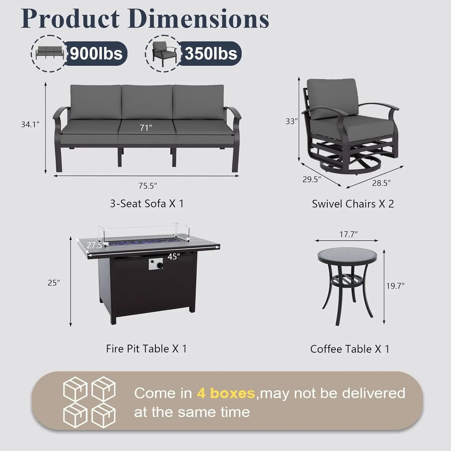 Aluminum Patio Furniture Set with Propane Fire Pit Table 5-seat Metal Outdoor Furniture w/Fire Pit Patio Sectional, Customized