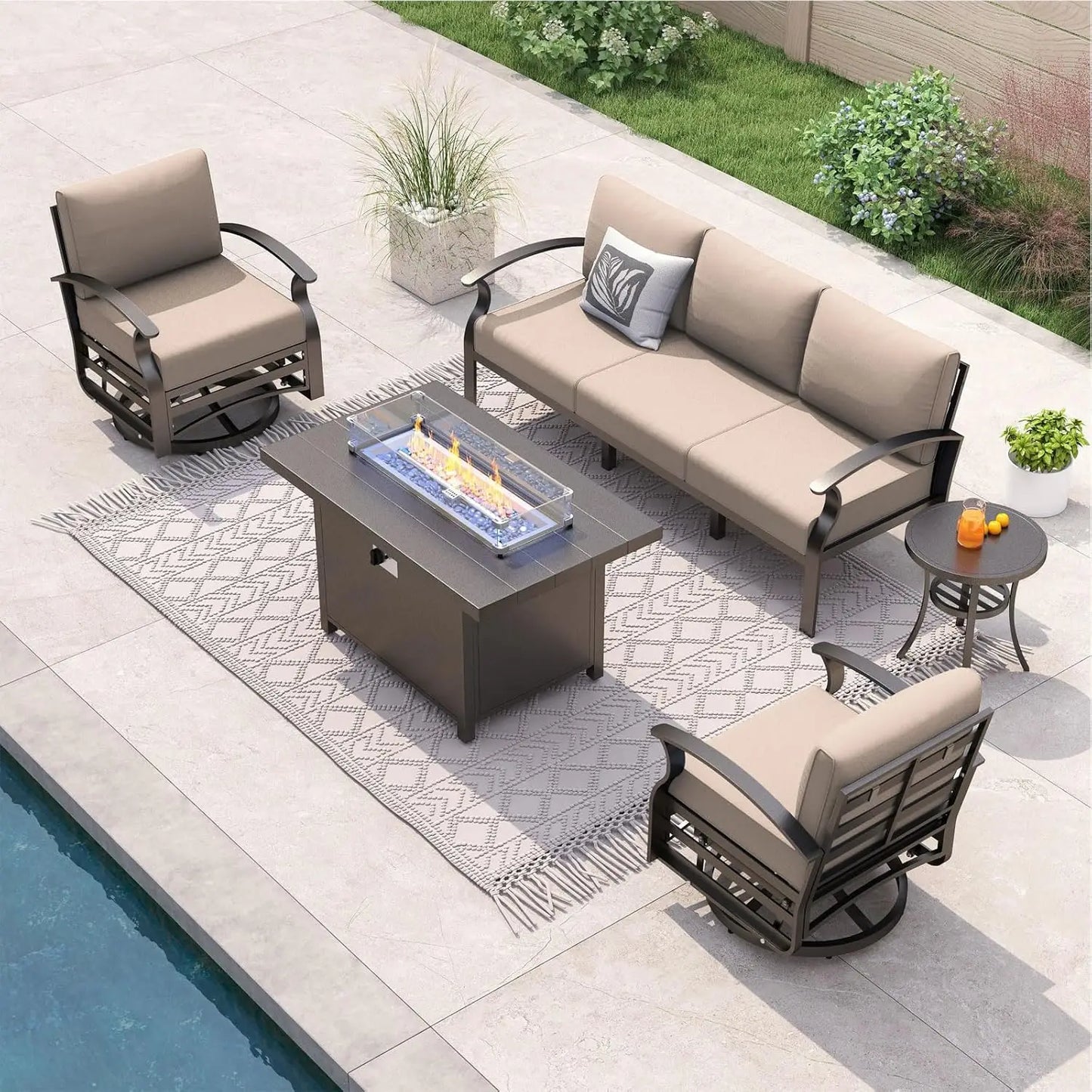 Aluminum Patio Furniture Set with Propane Fire Pit Table 5-seat Metal Outdoor Furniture w/Fire Pit Patio Sectional, Customized