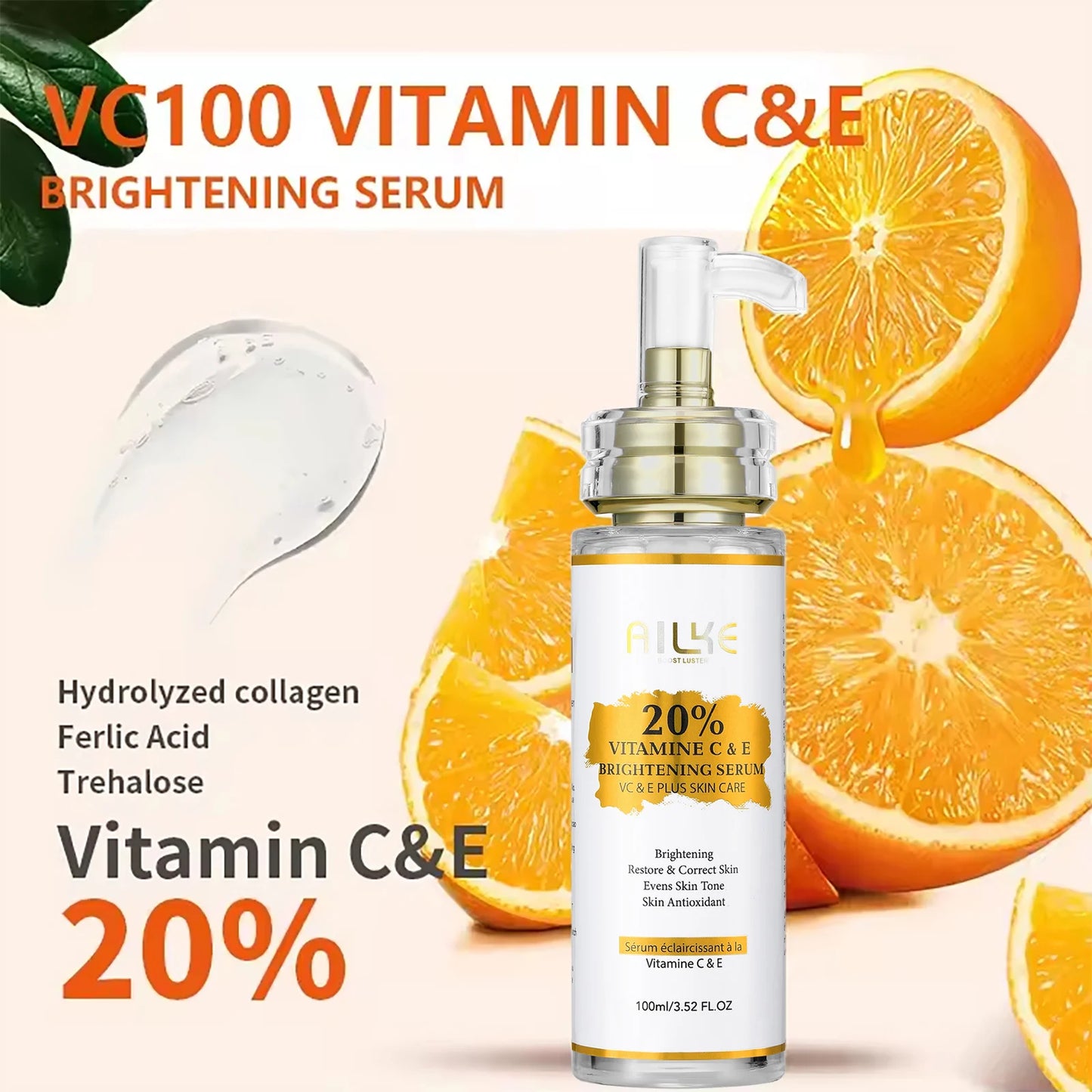 AILKE Vitamin C & E Super Brightening Concentrated Serum, Whitening, Moisturizing, Clean Skin, Reduce Dark Spots, 100ml/3.52 oz