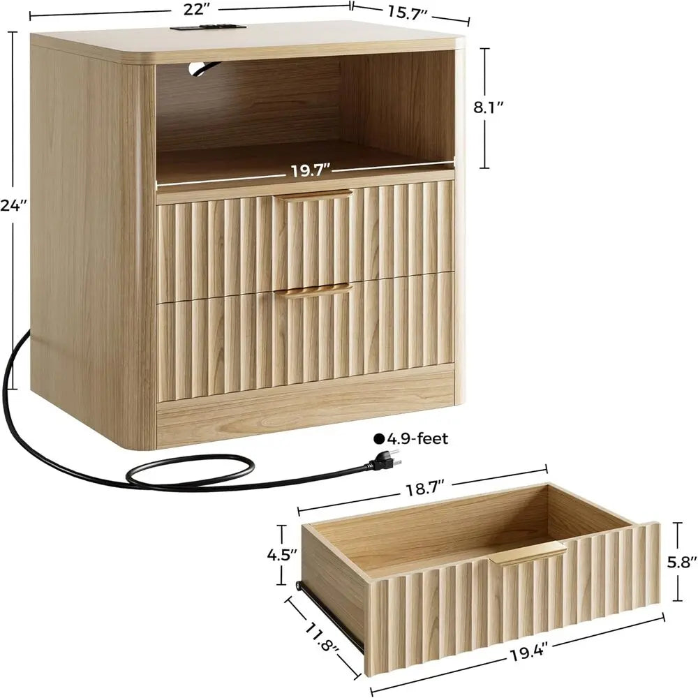 IRONCK Fluted Night Stand Set of 2, Modern Nightstand with Charging Station, Drawers and Open Shelves-Bedside Table for Bedroom