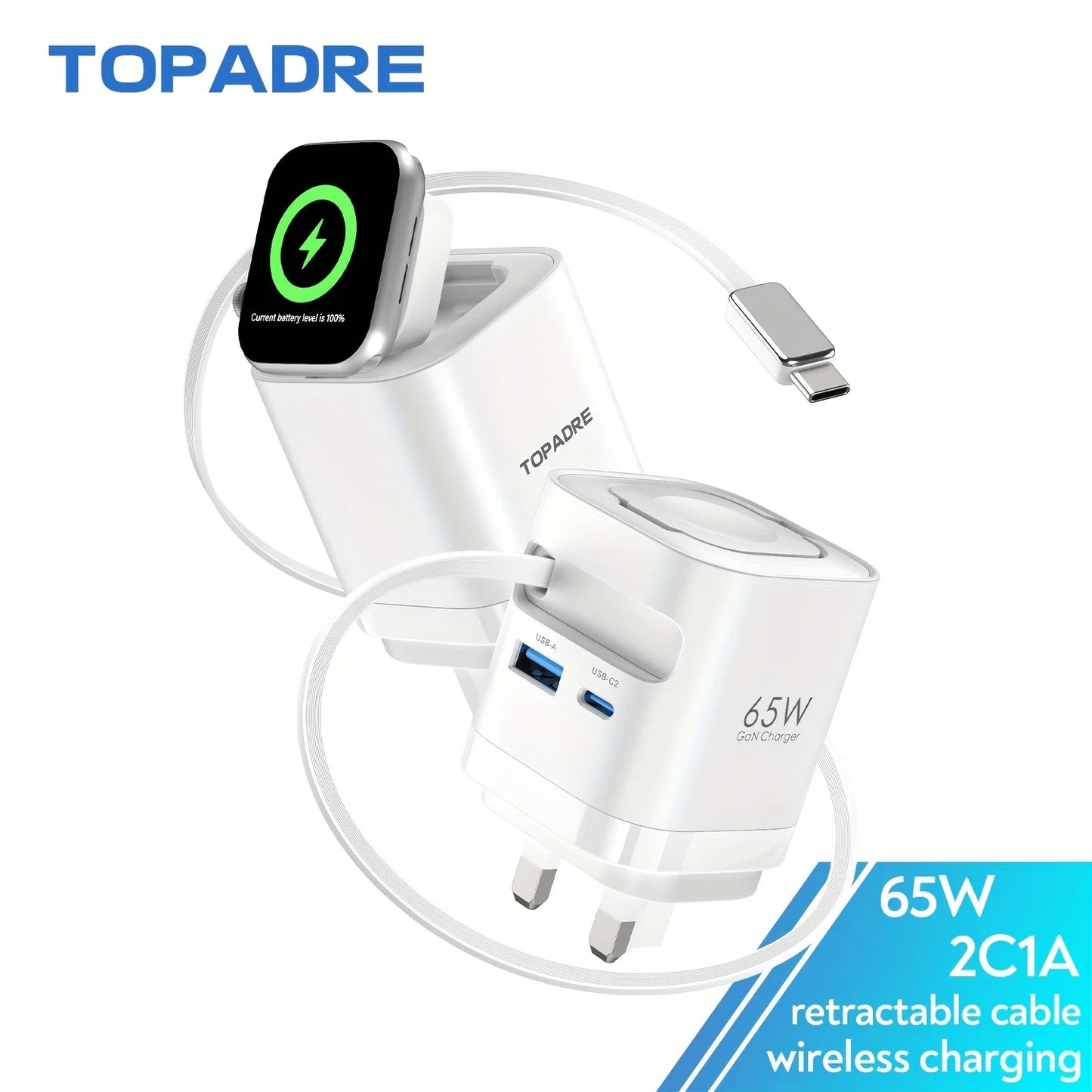 TOPADRE Retractable 65W For Apple Watch Wireless Charger, Rapid Charging for Macbook, for iPhone, iPad Smartphone, Foldable