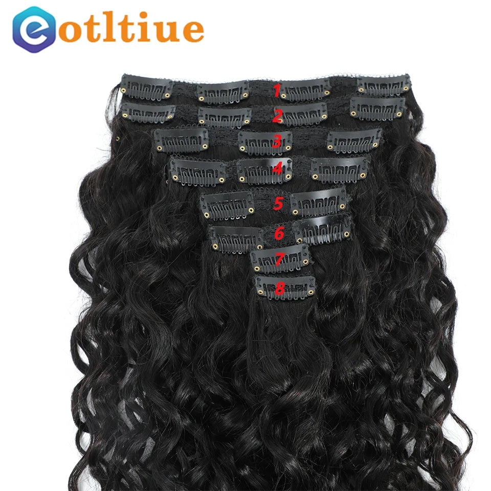 Indian Real Human Hair Water Wave Clip-in Extensions Deep Curly Brazilian Virgin Remy 8Pcs 120g Loose Deep Wave for Women Thick