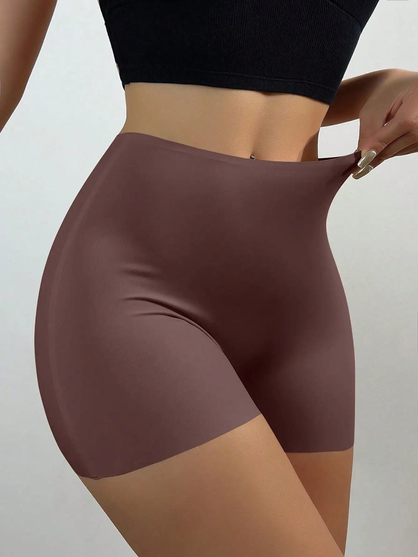 Women's Ice Silk Pants, Mid-Waist Seamless Elastic Shorts, Anti-Lighting, Anti-Roll Edge
