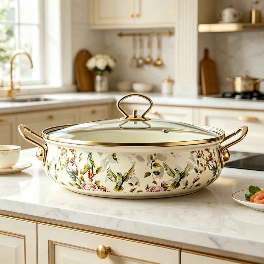 5.5Qt Enamel Stock Pot with Glass Lid – Vintage Bird & Botanical Print Nonstick Soup Pot, Dual Handles, Oven Safe, Fast Heating for All Stovetops, Gift for Wedding/Christmas, 9 Inch