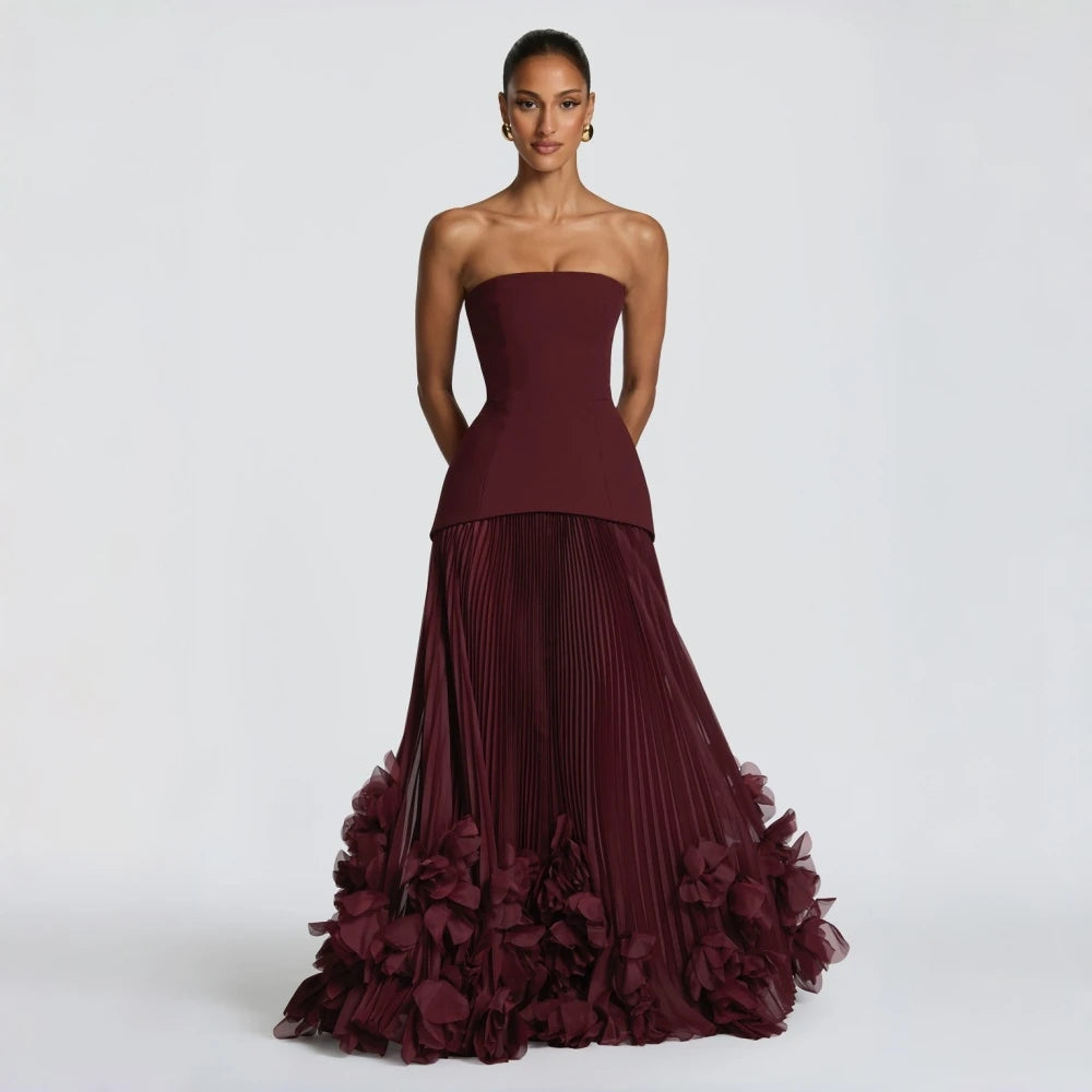 Elegant 3D Flower Lace Up A Line Solid Spliced Sheer Dresses Strapless Sleeveless Patchwork Applique Maxi Dress Female Clothing