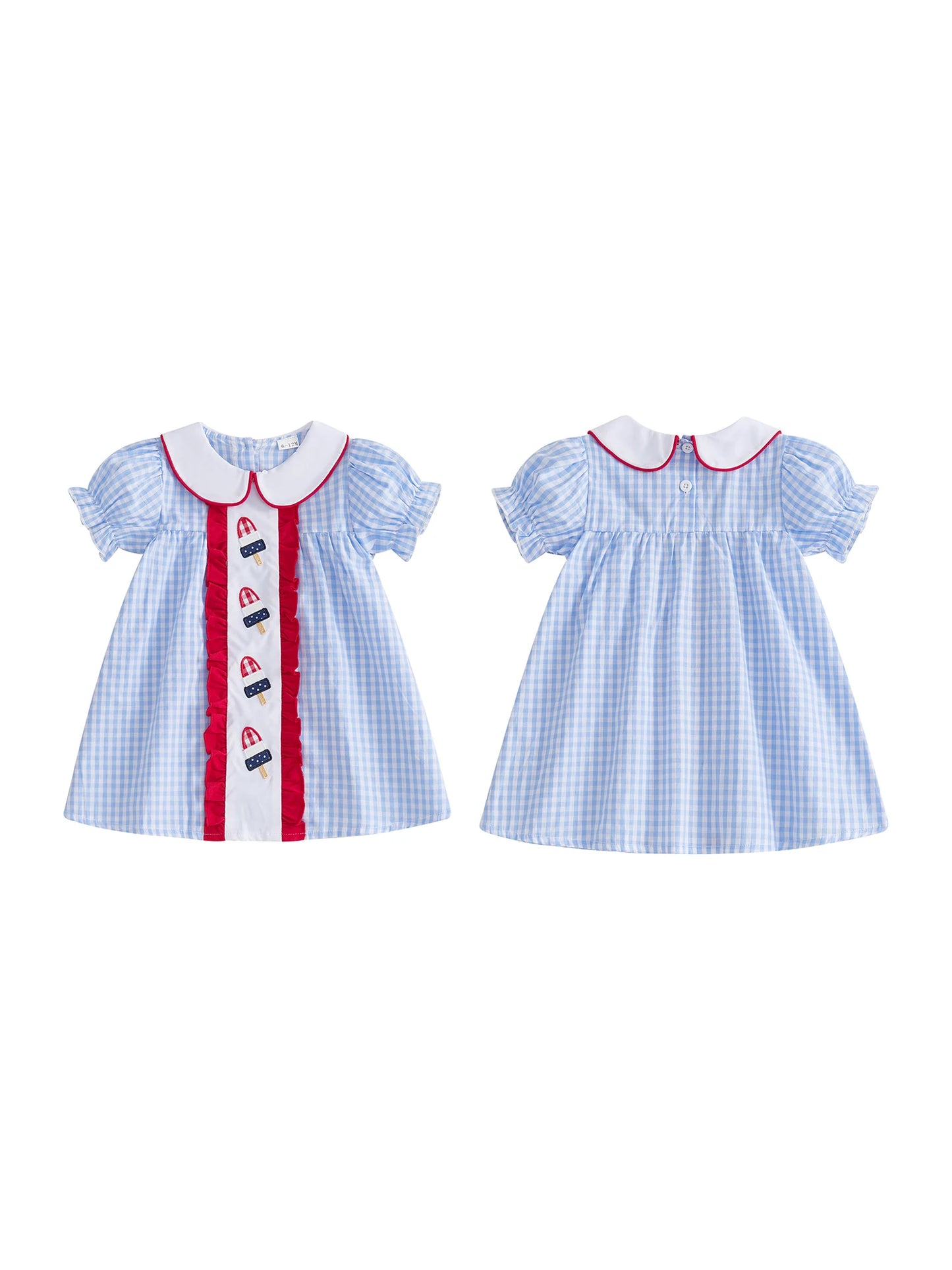 Girls Patriotic Plaid Print Sleeveless Dress with Star Embroidery and Bow Detail Festive Summer Outfit for Independence Day