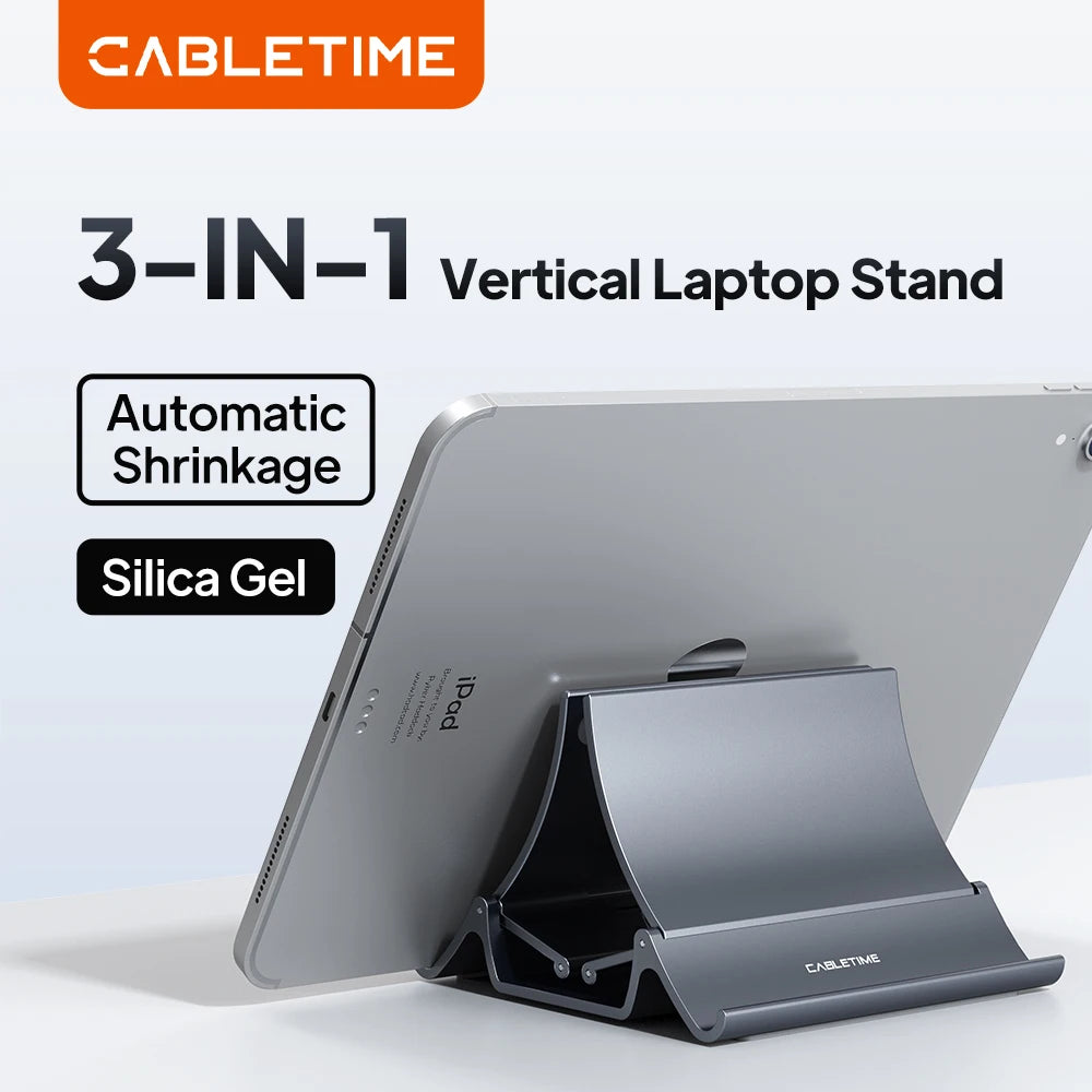 CABLETIME 3 IN 1 Vertical Laptop Stand Automatic Shrinkage Sillca Gel Anti Shaking for Laptop Tablet iPad Pro