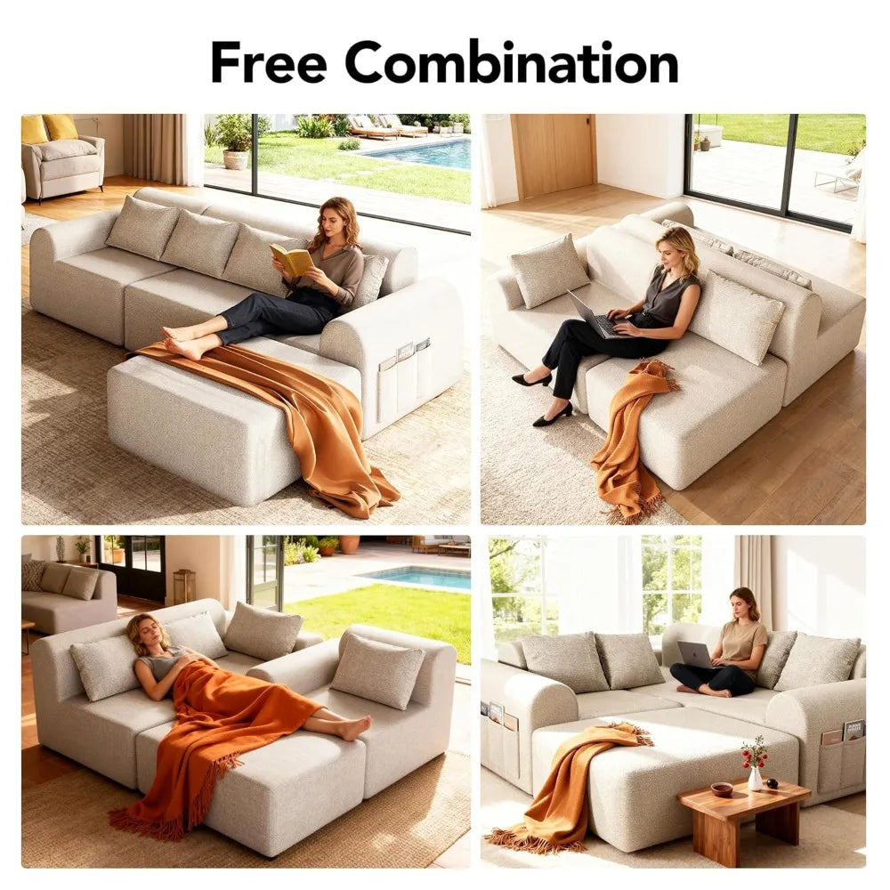 stockout！！Cloud Boneless Sectional Sofa for Living Room, 4-Seater L-Shaped Comfy Couch with Ottoman, 4 Pillows, Deep, Customized