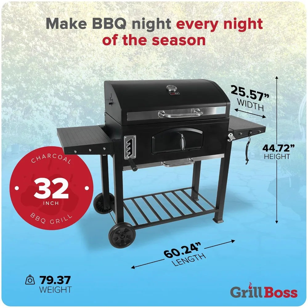Grill Boss Charcoal Grill with Large 32-Inch Cooking Area - Includes Warming Rack, Side Shelves, Bottom Storage and, Customized