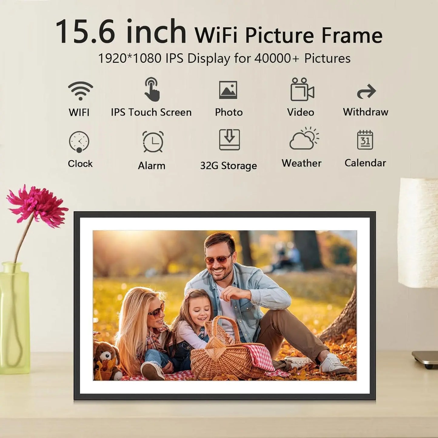 SSA 32GB 15.6 Inch WiFi Digital Photo Frame 1920x1080 FHD LCD Touch Screen,Best Christmas gift for friends and family