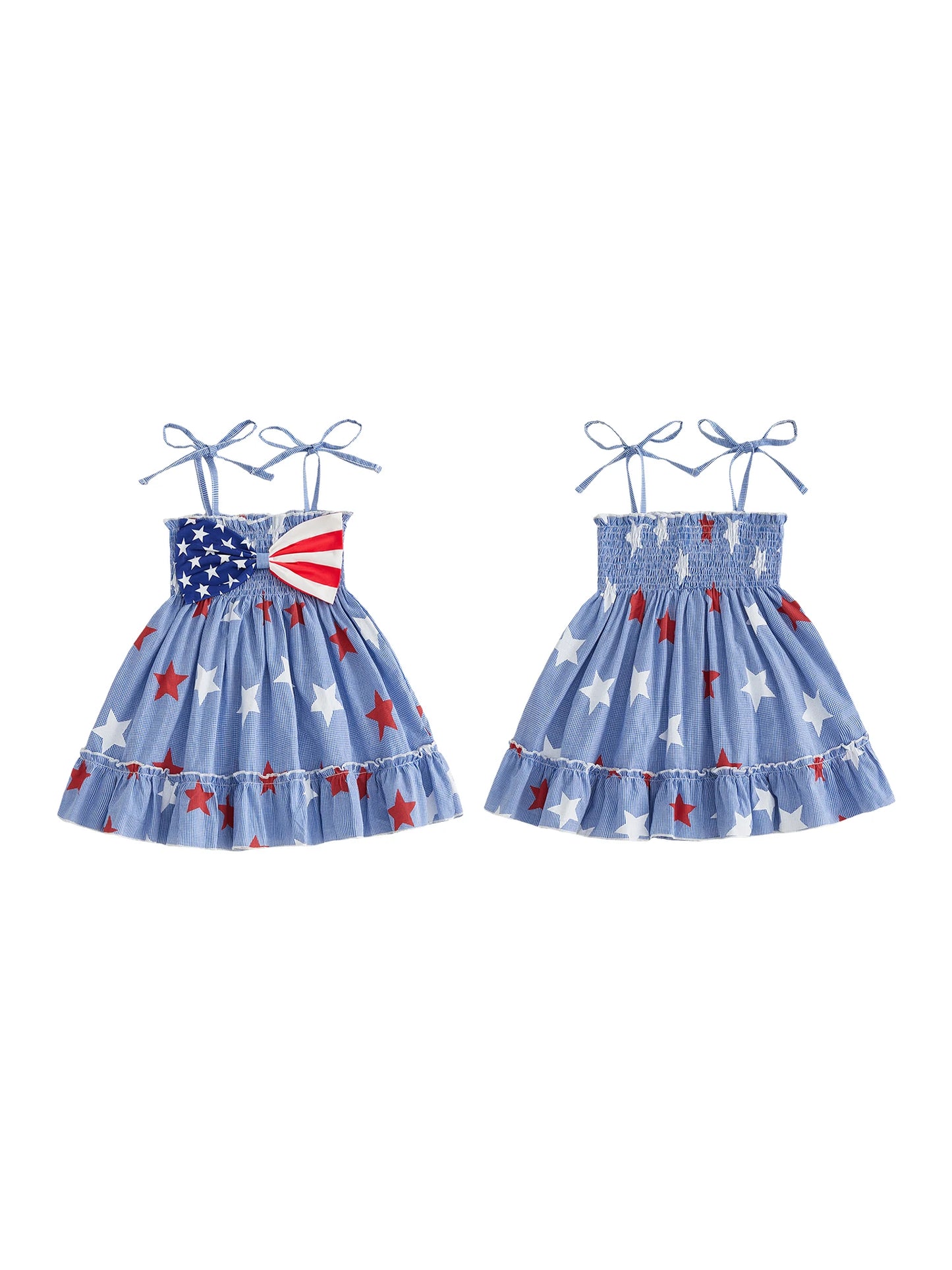 Girls Fourth of July Sleeveless Dress with Star and Stripe Print Bow Detail A-Line Silhouette Smocked Bodice Patriotic