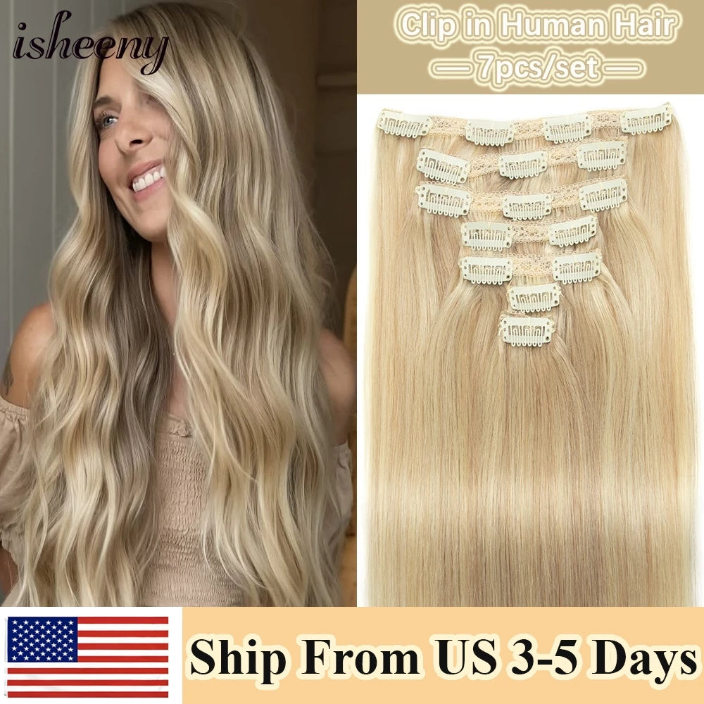 Clip In 100 % Human Hair Extensions Natural Straight 12-24 inches Clip Hair Extension Human Hairpiece 100-120g 7pcs/set isheeny