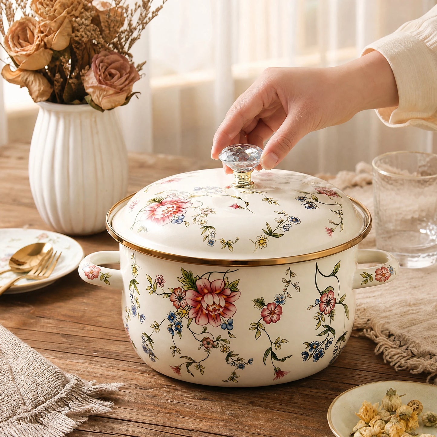 4.5 Quart Enamel Pot with Lid,Large Vintage Cooking Pot for Soup Stew Pasta,Dual Handle Enamelware Saucepan Gift for All Stovetops