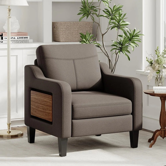 Modern Linen Upholstered Wooden Accent Armchair Foldable Side Table For Living Room, Customized