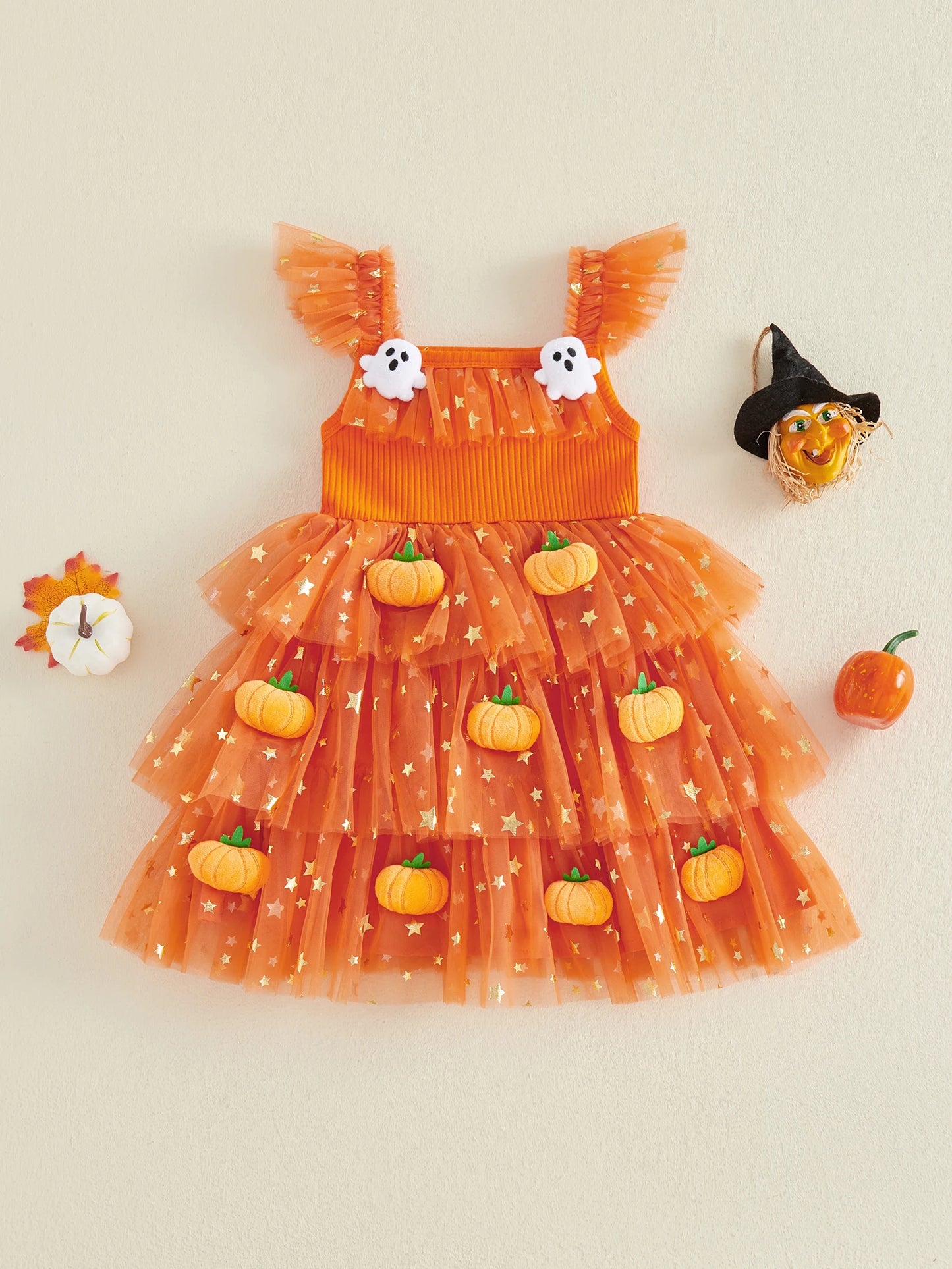 Toddler Halloween Costume Dress with Flutter Sleeves and Square Neckline Featuring 3D Pumpkin and Ghost Decorations Tiered