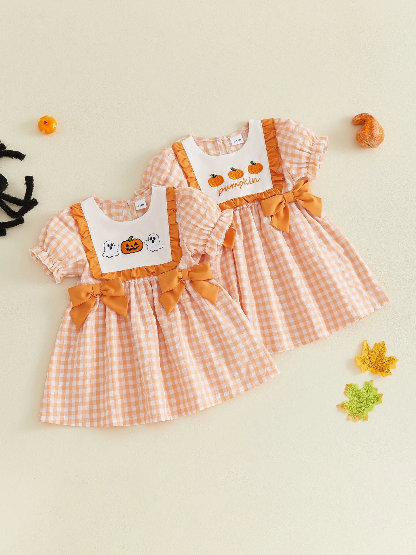 Cute Baby Girl Halloween Costume Puff Sleeve Crew Neck Pumpkin Ghost Embroidery Plaid Dress with A-Line Skirt