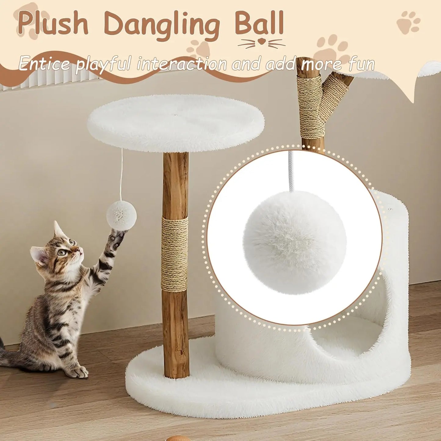 Multi-Level Cat Tree Tower with Bed, Wicker Basket & Condo, Wood Cat Scratching Post Furniture, Natural Pet Climbing Tree Stand