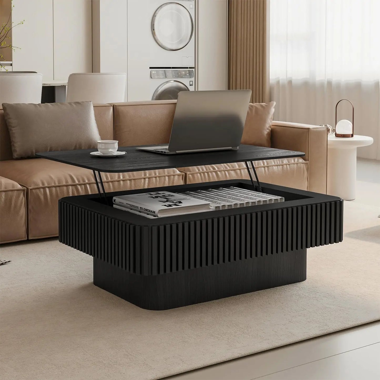 Lift Top Coffee Table Hidden Storage Mid Century Modern Wood Veneer Rectangle Living Room Small Space 38.6inL×14inH Black Custom