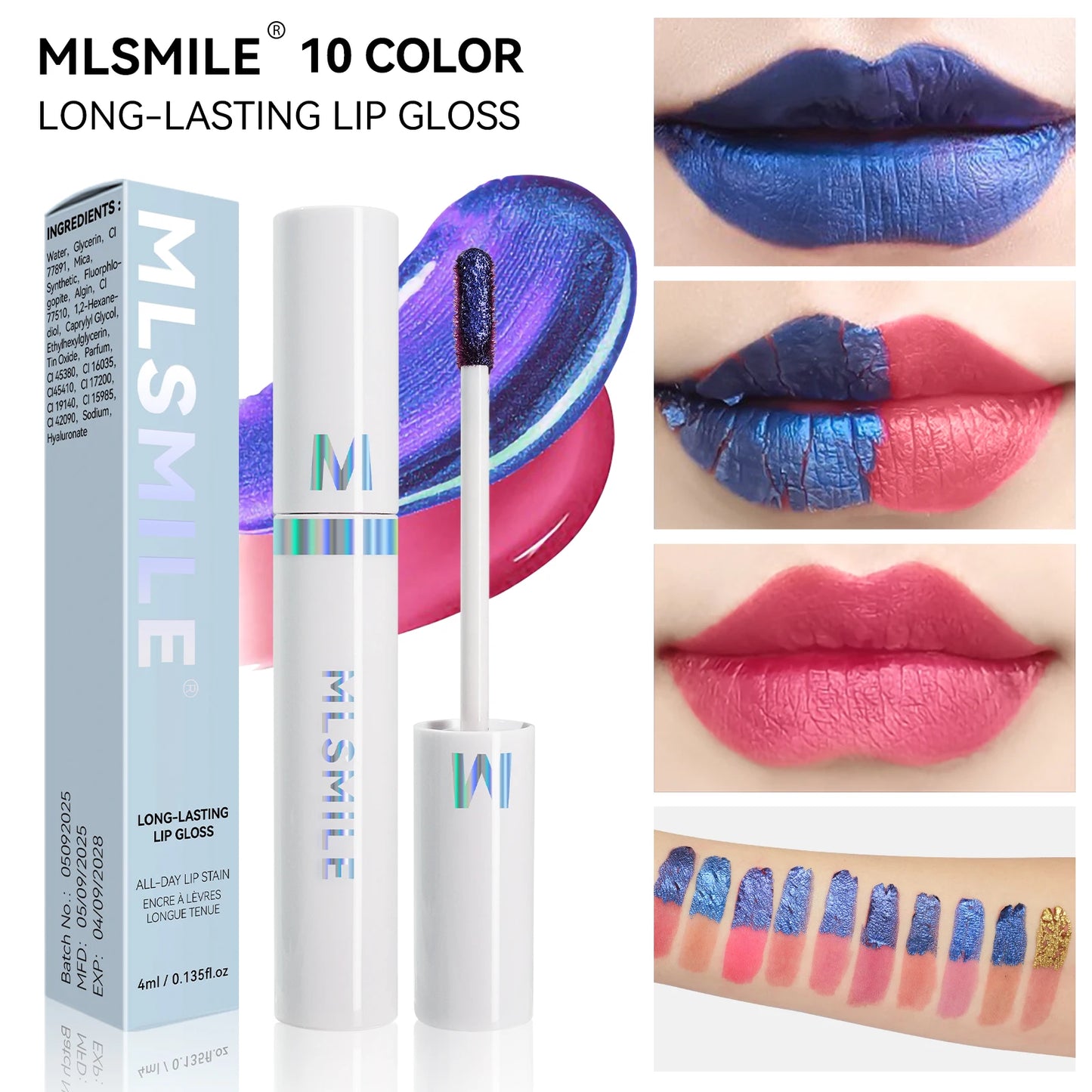 4-color lip gloss - easy-to-peel lip liner, comes with a lip brush, long-lasting and waterproof, glossy and full, highly pigment