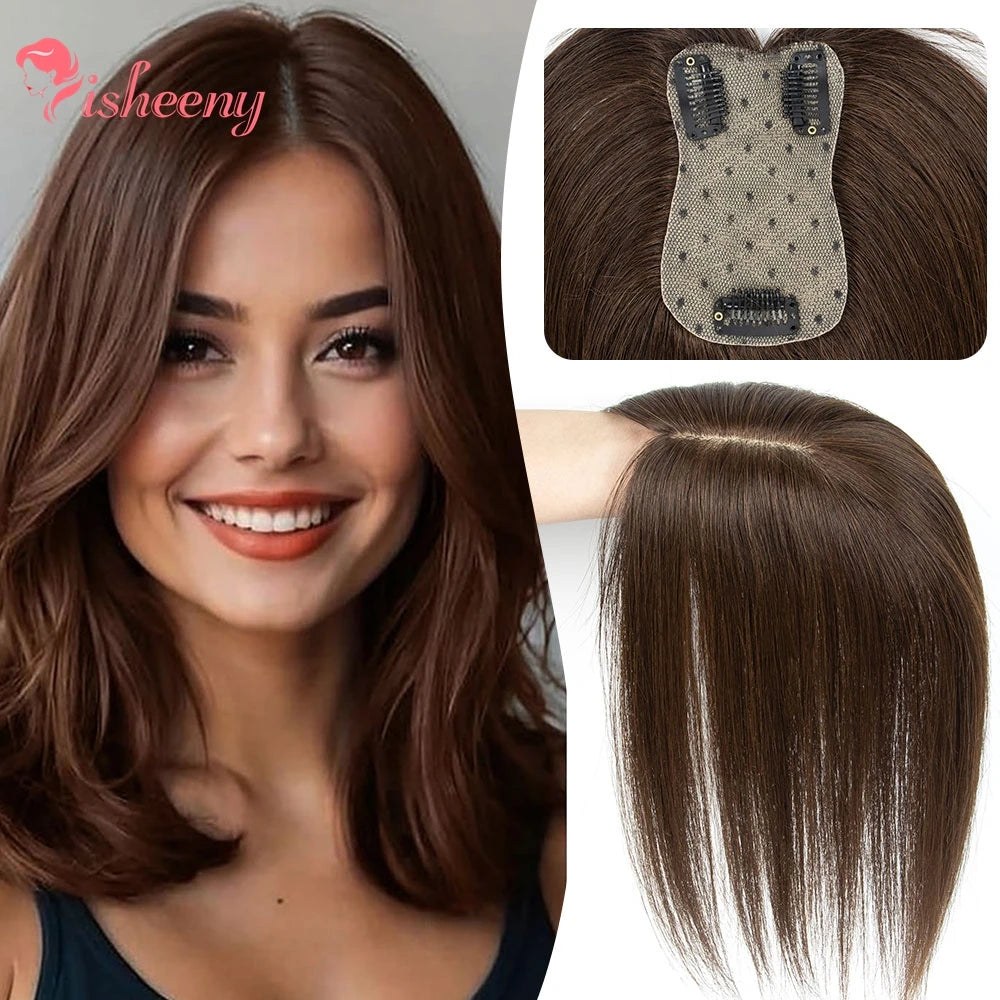 Human Hair Topper With Side Bangs For Women With Clips Straight Hair Toupee 7x11cm Elegant Style Clips In Topper Realistic Scalp