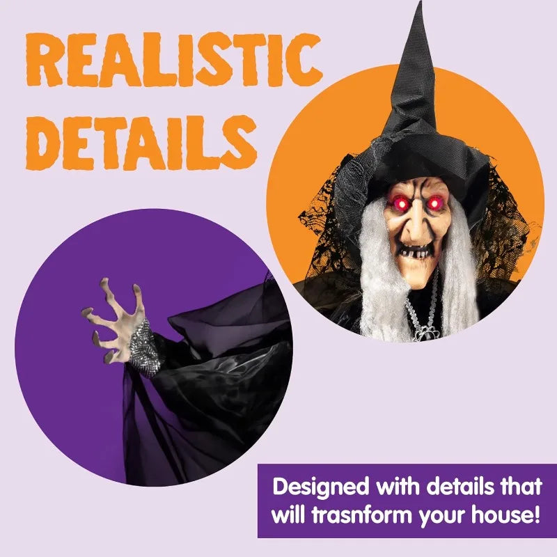 47'' Animated Witch Halloween Decorations Outdoor Indoor Scary Halloween Animatronics Decor, Hanging Ghost Talking Sound Activated Led Lights Eyes Haunted House Yard Garden Lawn
