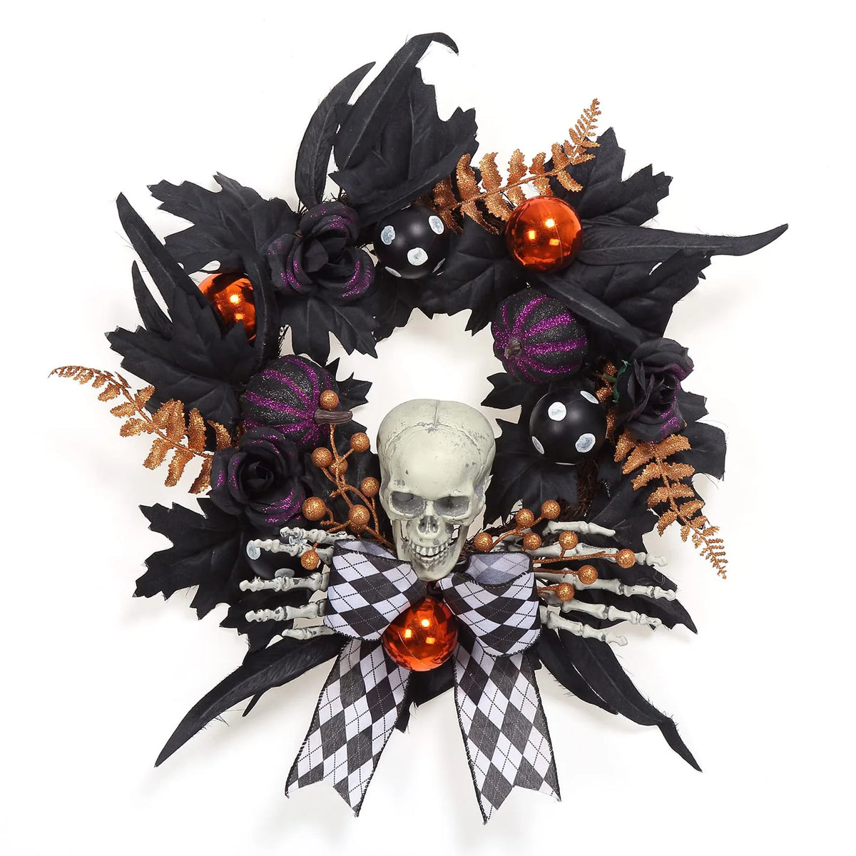 20in Halloween Skeleton Wreath Gothic Skull Hands Black Feathers Pumpkins Front Door Porch Wall Window Party Decor Indoor Outdoor
