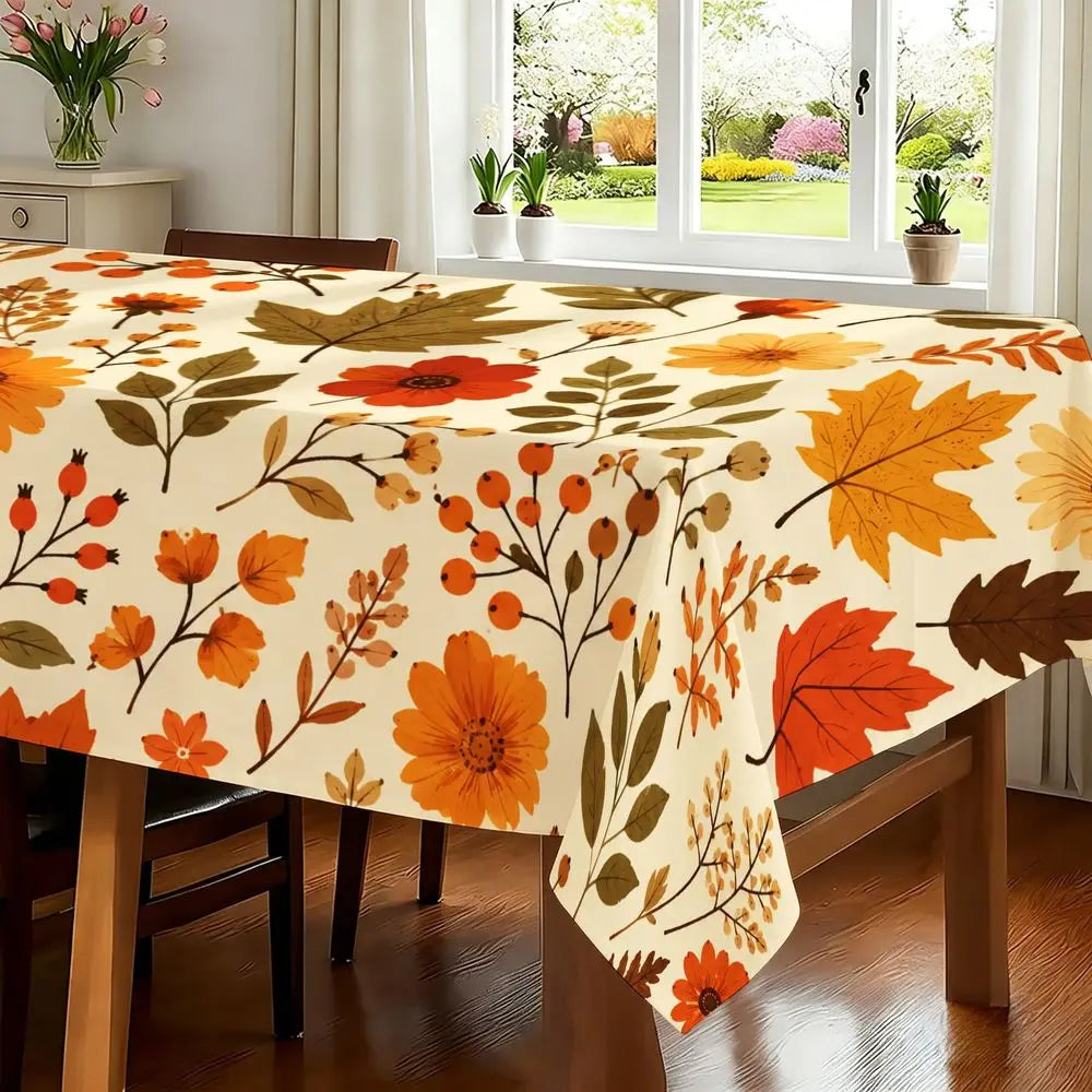Autumn Harvest Theme Rectangular Tablecloth, Cream Base with Fall Leaves And Berry Print, Durable Fabric for Thanksgiving Dining, Farmhouse Style Table Decor
