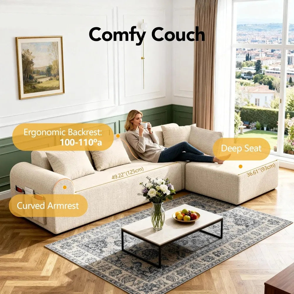 stockout！！Cloud Boneless Sectional Sofa for Living Room, 4-Seater L-Shaped Comfy Couch with Ottoman, 4 Pillows, Deep, Customized