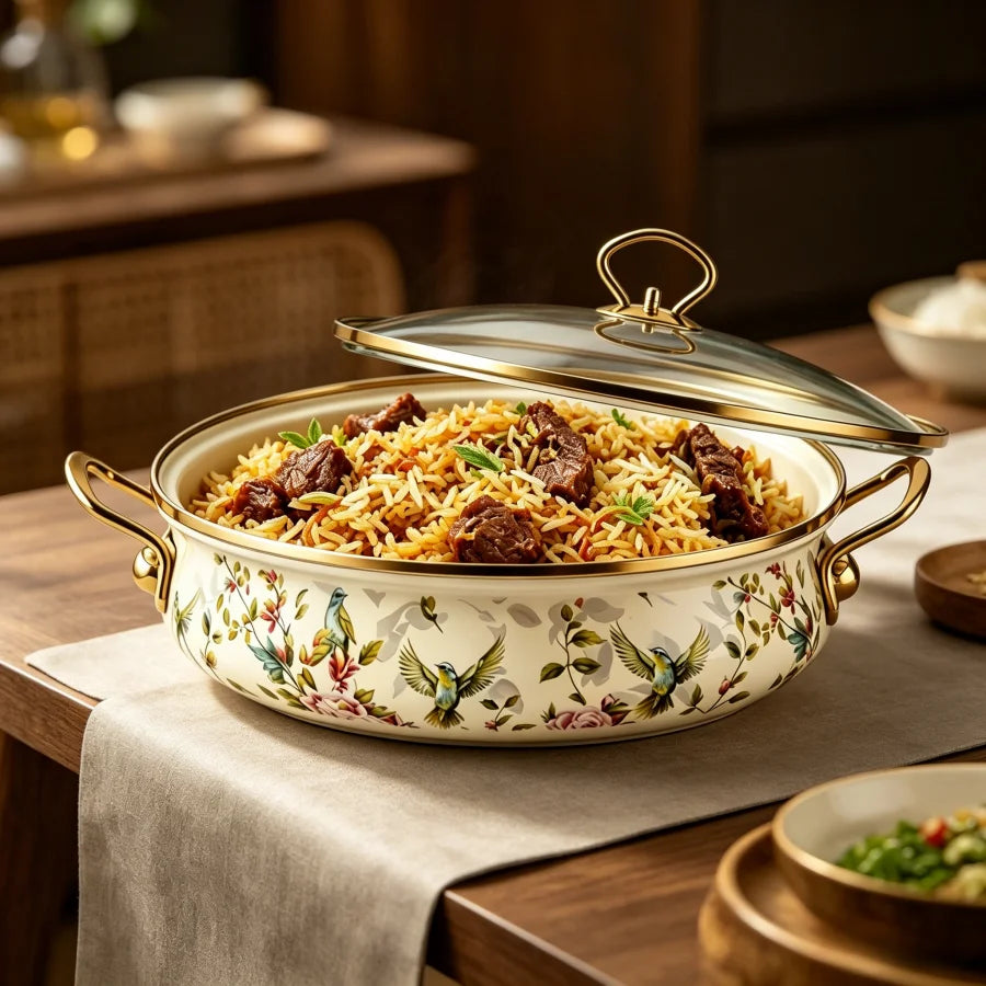 5.5Qt Enamel Stock Pot with Glass Lid – Vintage Bird & Botanical Print Nonstick Soup Pot, Dual Handles, Oven Safe, Fast Heating for All Stovetops, Gift for Wedding/Christmas, 9 Inch