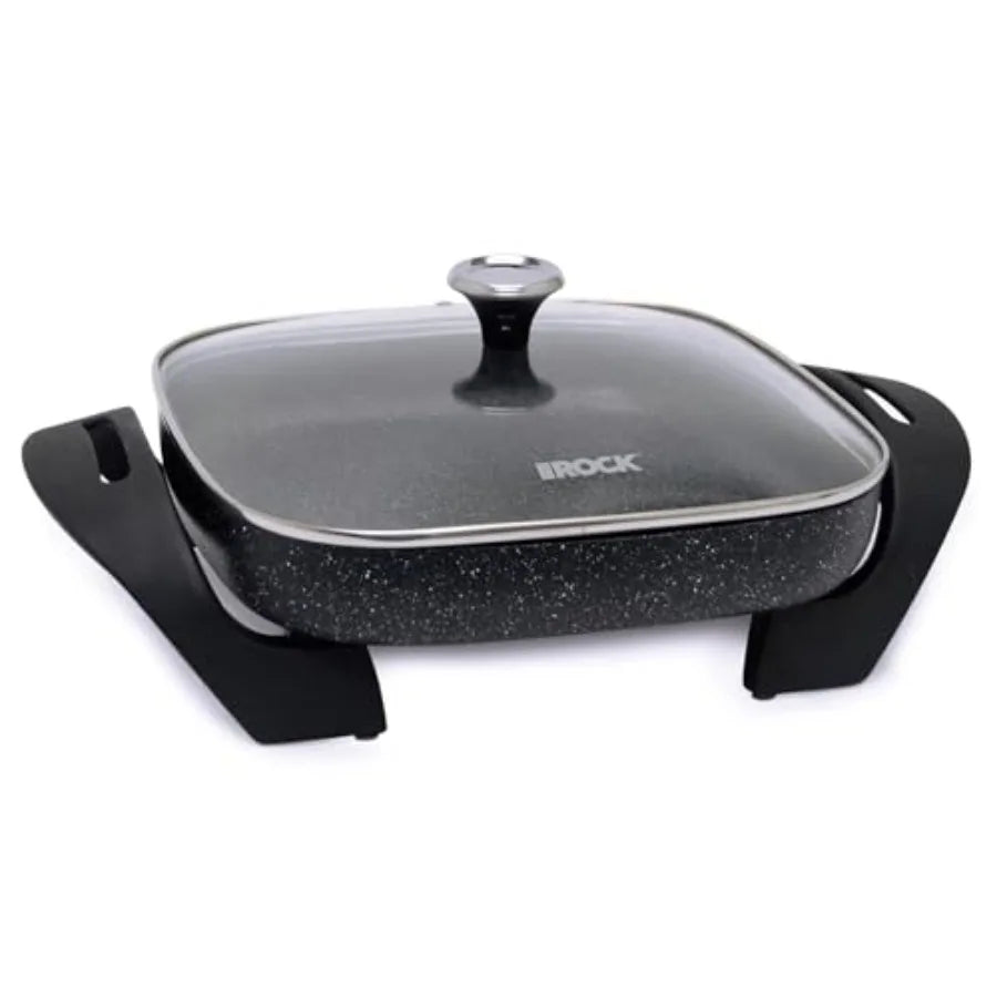 The Rock Electric Skillet - 12" x 12" - Rock.Tec Non-Stick Cooking Surface - Tempered Glass Lid - 1200W