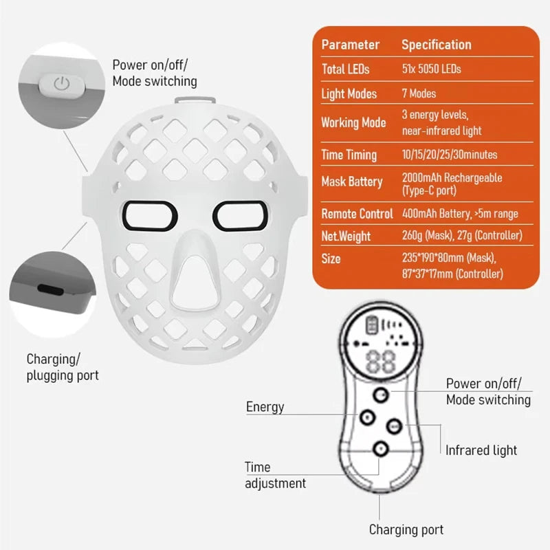 5D Red Light Therapy 8 Colors Portable LED Mask Face Photon Infrared Therapy Mask for Skin Rejuvenation Anti-Aging Wrinkles